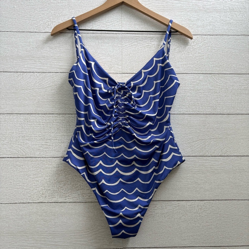 J. Crew Playa Wave Laguna Ruched One-Piece Swimsuit, in Blue & White, Size XL - Picture 4 of 12